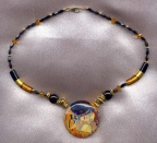 Klimt's "The Kiss" Blown, Murano Glass Disc and 3 Colored Curved Tube Necklace